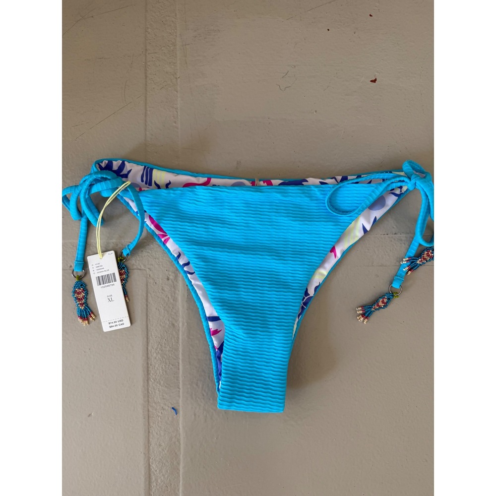 NWT Anthropologie Maaji Ocean Blue Reversible Bikini Bottoms Beaded Fish Ties XL